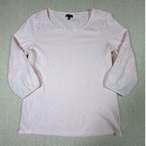 Talbots Women Medium Pink 3/4 Sleeve Lace Trim Sleeve Cottagecore Casual Top